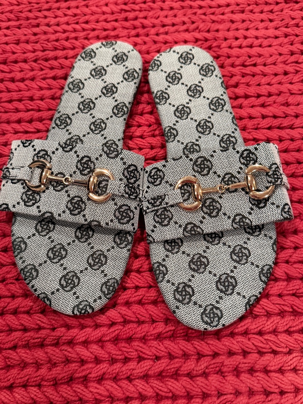 SHEIN Gray Monogram Slide Mules with Gold Bit